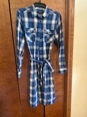 Lauren Ralph Lauren Blue and White Plaid Shirt Dress with Self-Tie Waist